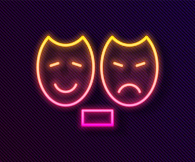 Parlak neon hattı komedi ve trajedi teatral maske ikonu siyah arka planda izole edildi. Vektör.