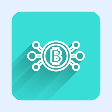 Beyaz çizgi Kripto para birimi bitcoin ve uzun gölgeli mikroçip devre ikonu. Engelleme teknolojisi, dijital para piyasası. Yeşil kare düğmesi. Vektör.