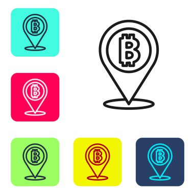 Siyah çizgi konum bitcoin simgesi beyaz arkaplanda izole edildi. Madeni para. Engelleme zinciri tabanlı şifreli para birimi. Renkli kare düğmelerle simgeleri ayarla. Vektör.