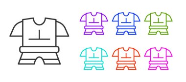 Beyaz arka planda siyah çizgi zırh ikonu izole edildi. Simgeleri renklendirin. Vektör.