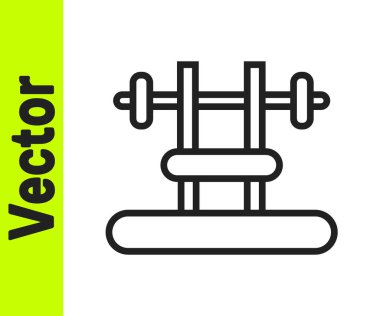 Beyaz arka planda siyah çizgi benç ve barbel simgesi var. Spor aletleri. Vücut geliştirme, ağırlık kaldırma, fitness konsepti. Vektör.