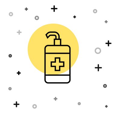 Siyah çizgi El dezenfektanı beyaz arka planda izole edilmiş. Dezenfeksiyon konsepti. Yıkama jeli. Hijyen için alkol şişesi. Rastgele dinamik şekiller. Vektör.