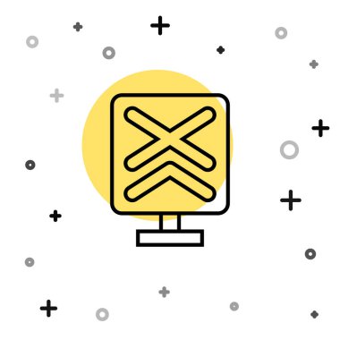 Siyah hat demiryolu geçiş ikonu beyaz arka planda izole edildi. Demiryolu tabelası. Rastgele dinamik şekiller. Vektör.