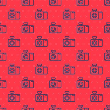 Mavi çizgi fotoğraf makinesi simgesi kırmızı arkaplandaki kusursuz deseni izole etti. Fotoğraf makinesi simgesi. Vektör.