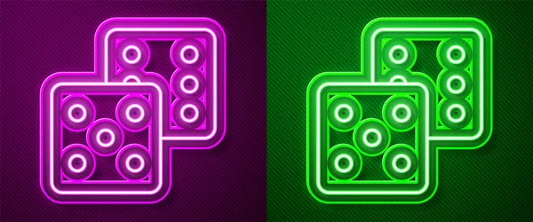 Gloeiende Neon Lijn Game Dobbelstenen Pictogram Geïsoleerd Paarse Groene Achtergrond — Stockvector