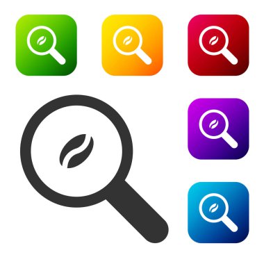 Siyah seçili kahve çekirdeği simgesi beyaz arkaplanda izole edilmiş. Renkli kare düğmelerle simgeleri ayarla. Vektör İllüstrasyonu.