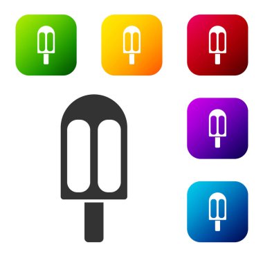 Beyaz arka planda izole edilmiş siyah dondurma ikonu. Güzel sembol. Renkli kare düğmelerle simgeleri ayarla. Vektör İllüstrasyonu.