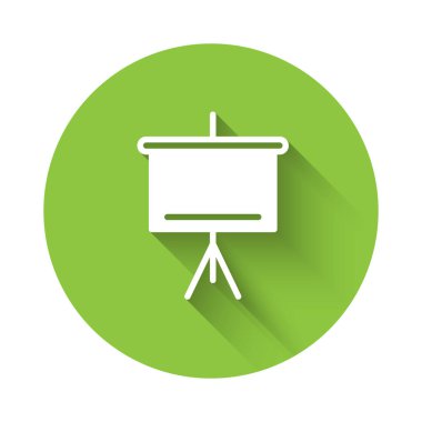 Beyaz Halka tahta simgesi uzun gölgeli izole edilmiş. Okul karatahtası. Yeşil daire düğmesi. Vektör.