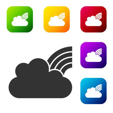 Beyaz arkaplanda izole edilmiş bulut simgesi olan siyah gökkuşağı. Renkli kare düğmelerle simgeleri ayarla. Vektör.