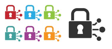 Beyaz arkaplanda bitcoin simgesi olan Kara Kilit. Kripto para madenciliği, engelleme teknolojisi, güvenlik, koruma, dijital para. Simgeleri renklendirin. Vektör.