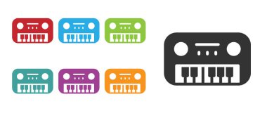 Beyaz arkaplanda siyah oyuncak piyano ikonu izole edildi. Çocuk oyuncağı. Simgeleri renklendirin. Vektör.