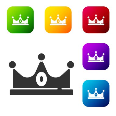Siyah Kral taç simgesi beyaz arkaplanda izole edilmiş. Renkli kare düğmelerle simgeleri ayarla. Vektör.
