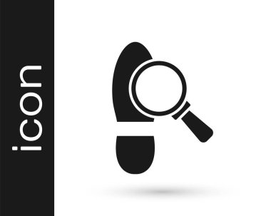 Beyaz arka planda izole edilmiş ayak izi simgesi olan siyah büyüteç. Dedektif araştırıyor. Ayak izlerini takip etmek için. Vektör.