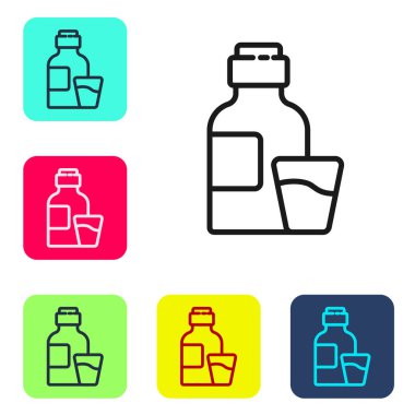 Siyah çizgi, ilaç şurubu şişesi ve beyaz arka planda izole edilmiş katı bardak ikonu. Renkli kare düğmelerle simgeleri ayarla. Vektör İllüstrasyonu.