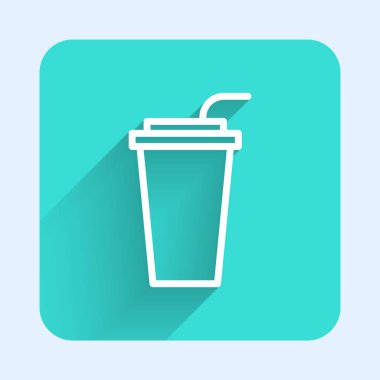 Saman ve uzun gölgeli izole su ikonu içen beyaz çizgi kağıt bardak. Soda bardağı. Taze soğuk içecek sembolü. Yeşil kare düğmesi. Vektör İllüstrasyonu.