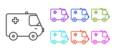 Siyah hat ambulans ve acil durum arabası ikonu beyaz arka planda izole edildi. Ambulans aracı tıbbi tahliye. Simgeleri renklendirin. Vektör İllüstrasyonu.