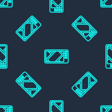 Harita simgesine sahip yeşil çizgi GPS cihazı mavi arkaplandaki kusursuz deseni izole etti. Vektör İllüstrasyonu.