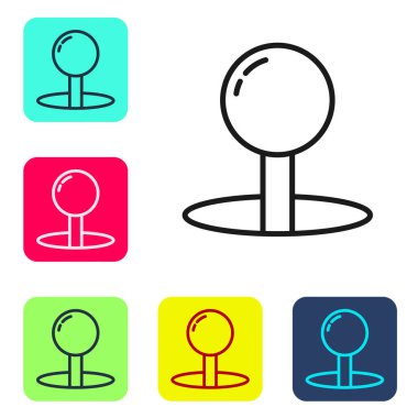 Siyah çizgi itme simgesi beyaz arkaplanda izole edildi. Raptiye işareti. Renkli kare düğmelerle simgeleri ayarla. Vektör İllüstrasyonu.