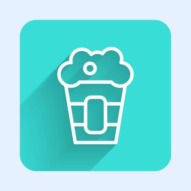 Karton kutuda beyaz çizgi patlamış mısır uzun gölgeli izole edilmiş. Patlamış mısır kutusu. Yeşil kare düğmesi. Vektör.