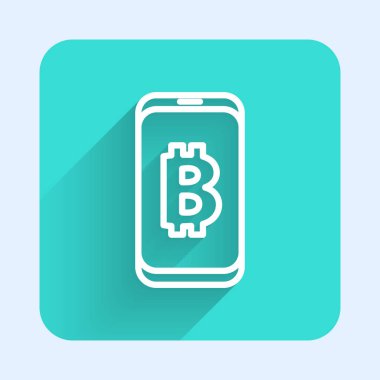 Mobil ikondan uzun gölgeli beyaz çizgi madencilik bitcoin. Kripto para birimi madenciliği, engelleme zinciri teknoloji servisi. Yeşil kare düğmesi. Vektör.