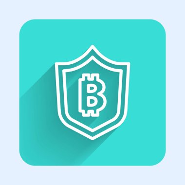 Bitcoin ikonlu beyaz çizgi kalkanı uzun gölgeli. Kripto para madenciliği, engelleme teknolojisi, güvenlik, koruma, dijital para. Yeşil kare düğmesi. Vektör.