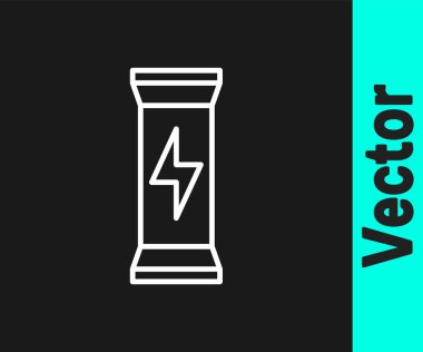 Beyaz çizgi sporu, vücut geliştirme, protein enerji içeceği ve siyah arka planda izole edilmiş yiyecek ikonu. Vektör.