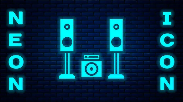 Świecący Neon Home Stereo Ikoną Dwóch Głośników Izolowane Tle Cegły — Wektor stockowy