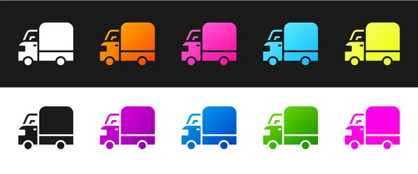 Set Lieferung Lastkraftwagen Symbol Isoliert Auf Schwarzem Und Weißem Hintergrund — Stockvektor