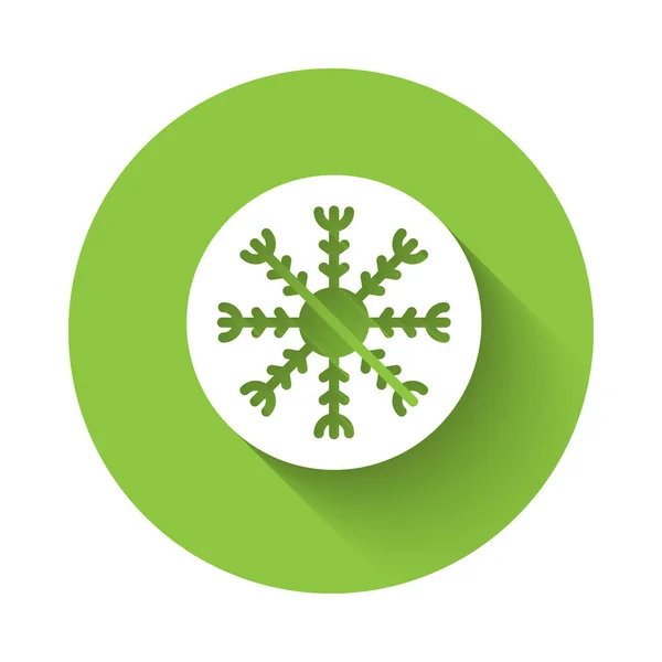 White Snowflake Icon Isolated Long Shadow Green Circle Button Vector — Stock Vector