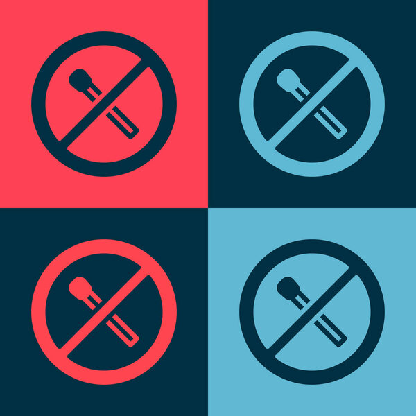 Pop art No fire match icon isolated on color background. No open flame. Burning match crossed in circle.  Vector.