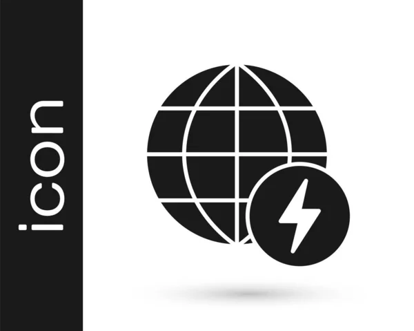 Black Global Pianeta Energia Con Flash Icona Fulmine Isolato Sfondo — Vettoriale Stock