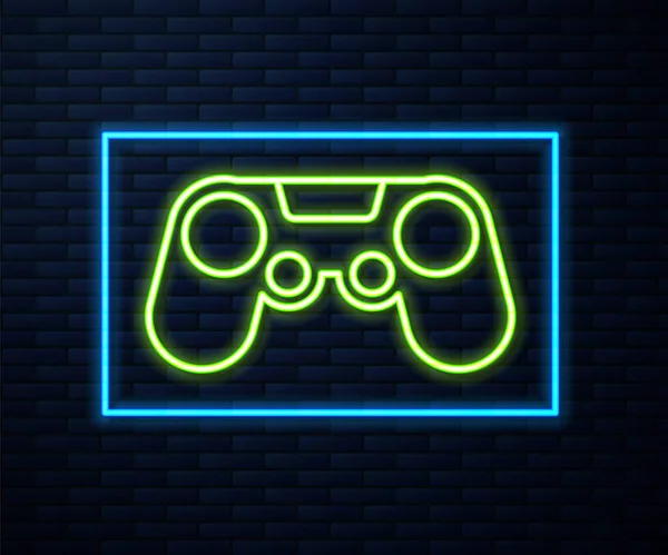 Gloeiende Neon Lijn Gamepad Pictogram Geïsoleerd Baksteen Muur Achtergrond Spelregelaar — Stockvector