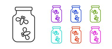 Beyaz arka planda izole edilmiş bir kavanozdaki siyah çizgi ateş böcekleri. Simgeleri renklendirin. Vektör.