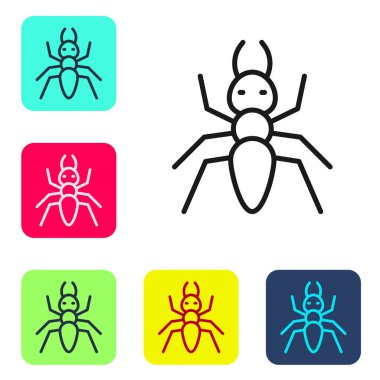 Siyah çizgi karınca simgesi beyaz arkaplanda izole edildi. Renkli kare düğmelerle simgeleri ayarla. Vektör.