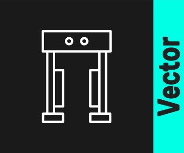 Siyah arkaplanda beyaz çizgi metal dedektörü simgesi izole edildi. Havaalanı güvenlik görevlisi metal dedektör kontrol noktasında. Vektör.