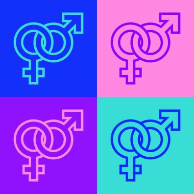 Popüler sanat çizgisi renkli arkaplanda izole edilmiş cinsiyet simgesi. Erkek ve kadın sembolleri. Seks sembolü. Vektör.