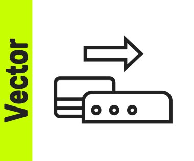 Siyah çizgi Pos terminali beyaz arkaplanda izole edilmiş bir kredi kartı simgesi. Ödeme terminali işlemi. Kartla öde. Vektör.