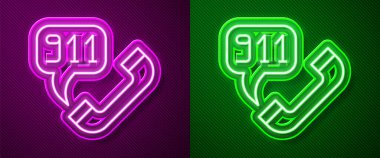 Pembe ve yeşil arka planda izole edilmiş 911 ikonunu acil durum telefonuyla parlayan neon hattı. Polis, ambulans, itfaiye, çağrı, telefon. Vektör.
