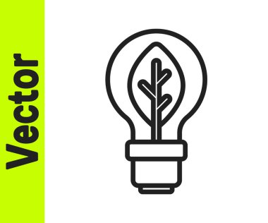 Beyaz zemin üzerinde yaprak simgesi olan siyah çizgi lambası. Çevre enerjisi kavramı. Alternatif enerji kavramı. Vektör.