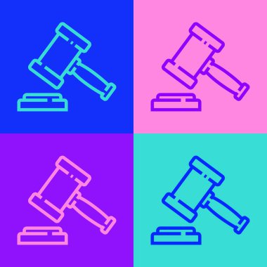 Pop sanat çizgisi Yargıç Tokmak simgesi renk arkaplanında izole edildi. Gavel cezaların, faturaların, mahkemenin, adaletin hükmünü verecek. Açık arttırma çekici. Vektör.