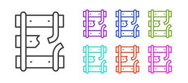 Beyaz arka planda izole edilmiş bir demiryolu ikonunda siyah hat kırılmış ya da kırık raylar. Simgeleri renklendirin. Vektör.