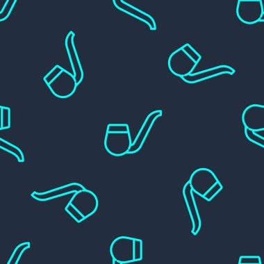 Yeşil çizgi duman ikonlu sigara piposu mavi arka planda izole edilmiş. Tütün piposu. Vektör.