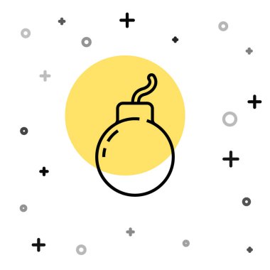 Siyah çizgi bombası beyaz arka planda izole edilmiş ikonu patlatmaya hazır. Rastgele dinamik şekiller. Vektör.