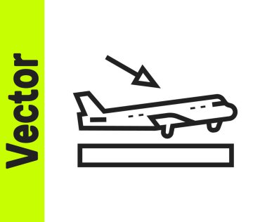 Siyah çizgi uçak iniş ikonu beyaz arka planda izole edildi. Uçak taşıma sembolü. Vektör.