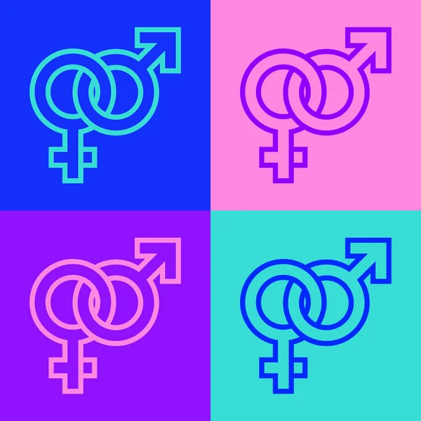 Pop Art Line Gender Ikon Elszigetelt Színes Háttér Férfiak Nők — Stock Vector