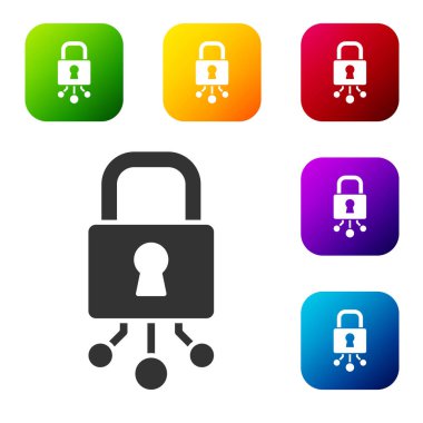 Siyah Siber Güvenlik simgesi beyaz arka planda izole edildi. Dijital devre kartında kapalı asma kilit. Güvenlik kavramı. Dijital veri koruması. Renkli kare düğmelerle simgeleri ayarla. Vektör.