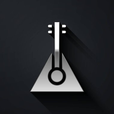 Gümüş Müzik Enstrümanı Balalaika simgesi siyah arkaplanda izole edildi. Uzun gölge tarzı. Vektör.