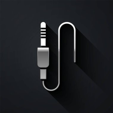 Gümüş Ses Jack simgesi siyah arkaplanda izole edildi. Bağlantı ses ekipmanları için ses kablosu. Fiş kablosu. Müzik aleti. Uzun gölge tarzı. Vektör.