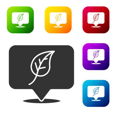 Beyaz arkaplanda yaprak simgesi olan siyah konum. Çevre enerjisi kavramı. Alternatif enerji kavramı. Renkli kare düğmelerle simgeleri ayarla. Vektör.