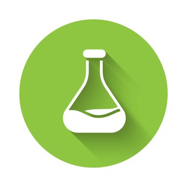 Beyaz test tüpü ve uzun gölgeli matara ikonu. Kimyasal laboratuvar testi. Laboratuvar camları. Yeşil daire düğmesi. Vektör.